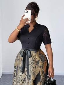 Maweii Elegant Plus Size Knitted A-Line Dress With Notched Neck And Half Sleeves Knee Length Flared Multicolor Plants Pattern - Multicolor - View 4
