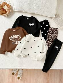 6pcs/Set Baby Girls Comfortable Autumn & Winter Style Infant/Toddler Girls Casual Fashion Creative Personalized Fresh Cute Leopard Print, Bow, Heart, Letter Graphic Print Sweatshirts And Leggings Sets, Suitable For Infant Floral Pattern Clothing, Autumn/Winter Baby Girls Sweater Sets, Mocha Color Baby Clothes, Baby Casual Outfit Series - Multicolor - View 1