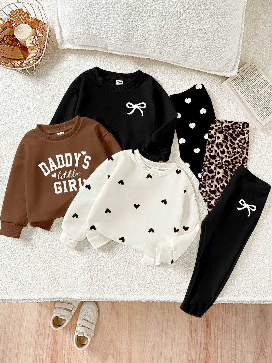 6pcs/Set Baby Girls Comfortable Autumn & Winter Style Infant/Toddler Girls Casual Fashion Creative Personalized Fresh Cute Leopard Print, Bow, Heart, Letter Graphic Print Sweatshirts And Leggings Sets, Suitable For Infant Floral Pattern Clothing, Autumn/Winter Baby Girls Sweater Sets, Mocha Color Baby Clothes, Baby Casual Outfit Series - Multicolor - View 1