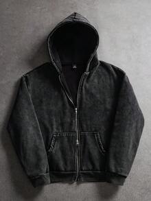 SLATEMANN Manfinity Streetrush 男士街头风格流行 INS 搭配水洗复古深色哥特式休闲街头服饰，男友/丈夫礼物，周年纪念礼物，时尚拉链黑色水洗连帽衫，秋冬 - 黑色 - 查看 2