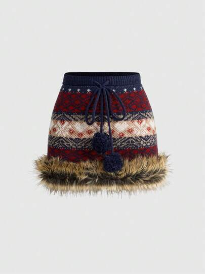 ROMWE Avant Y2K Herbst/Winter Schnee Outfit Fair Isle Jacquard Taillentiefer Damen Pullover & Rock Set