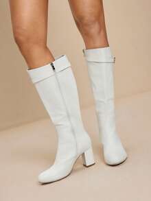 Daringsoles 女士时尚百搭通勤厚底高跟过膝长靴 - 白色 - 查看 7