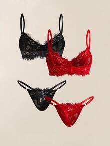 Snug Zone 4件套女士纯色透明蕾丝细肩带性感内衣套装 - 彩色 - 查看 2