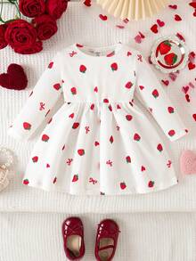 SHEIN Trẻ sơ sinh/Bé gái in hình quả dâu tây dễ thương, thoải mái, tay dài, phong cách ngày lễ - Nhiều màu - Xem 6