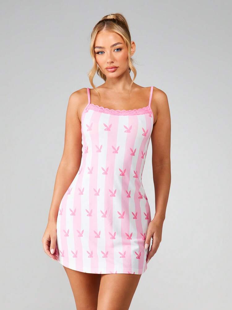 Missguided x Playboy Bunny Print Cami Sleep Dress With Lace Trim And Adjustable Straps For Women Sleepwear Nightgown