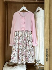 SHEIN 两件套女童休闲罗纹针织开衫（带蝴蝶结装饰）和简约印花吊带裙，春秋季 - 粉色 - 查看 3