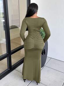 Alexandranx Autumn/Winter New Meraid Women Long Dress - Army Green - View 2