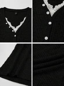 Vibekara Áo len cổ chữ V, tay dài, thêu ren, trang trí nút, size lớn, thường ngày dành cho nữ, thời trang thu đông - màu đen - Xem 9