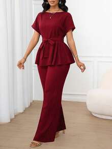 SHEIN Lady Damen Einfarbig, Lässig und Elegant Jacquard Stoff, Lose Taille A-Saum, Kurzarm Top und Lose Gerade Hose Zwei Teile Set, Tragen Sie es im Frühling, Sommer und Herbst Urlaubsoutfits, Bürooutfits für Damen, Kleidung für den Schulanfang, Kirchenoutfits für Damen, Ausgehoutfits, Bescheidenes Flughafen-Outfit für Damen - Bordeaux - Übersicht 4