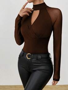 Rafferiza Women's Solid Color Raglan Sleeve Keyhole Neck Fitted Fashionable Mesh Panel T-Shirt See Through Top Dark Brown Top Brown Long Sleeve Top Women's Brown Top - Brown - View 4