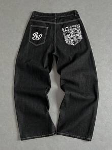 Manfinity ZONE917 Manfinity Streetrush Men's Letter Print Pocket Loose Wide Leg Casual Jeans Street Hang Out Going Out College - Black - View 1