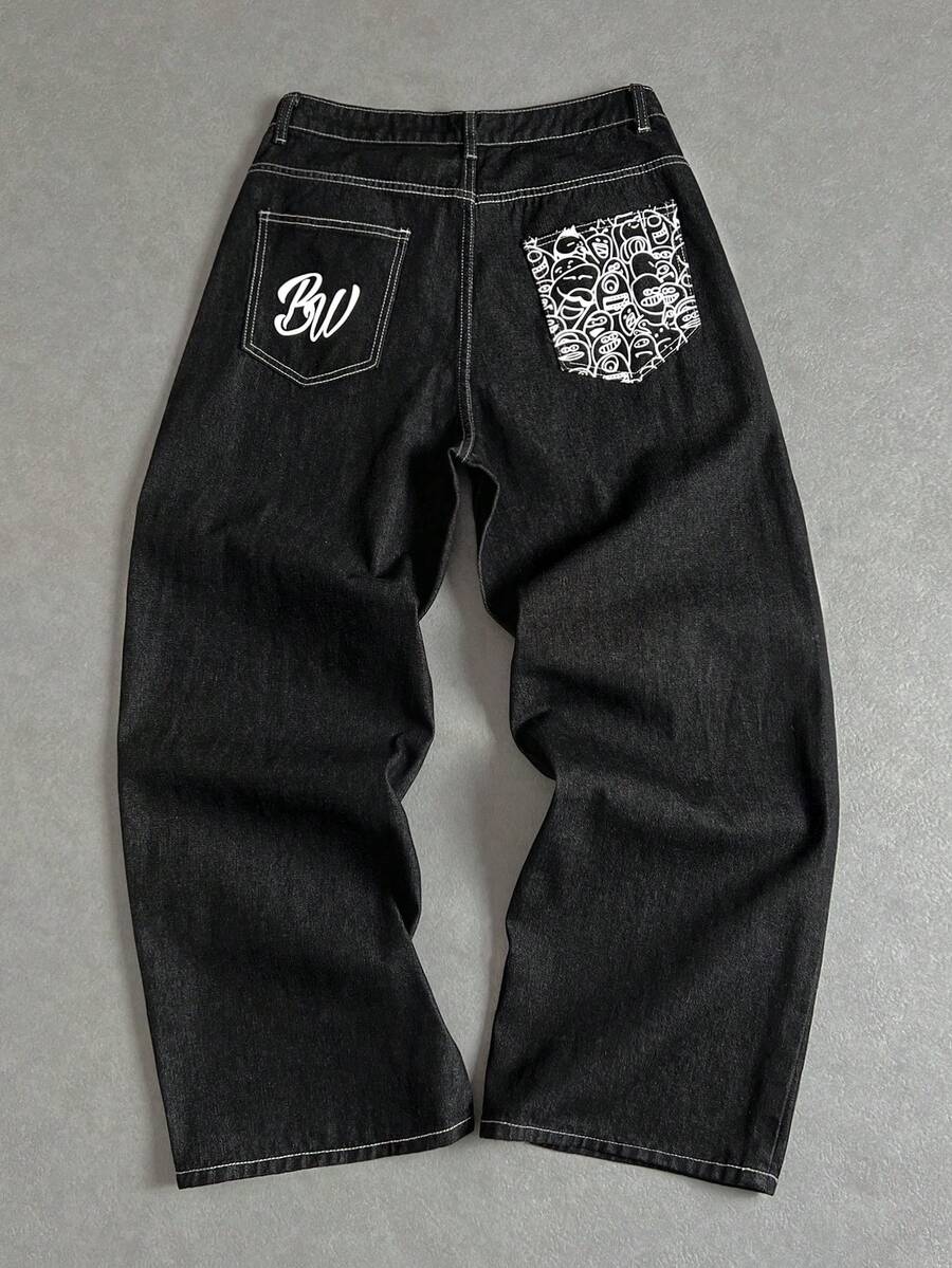 Manfinity ZONE917 Manfinity Streetrush Men's Letter Print Pocket Loose Wide Leg Casual Jeans Street Hang Out Going Out College - Black - View 1