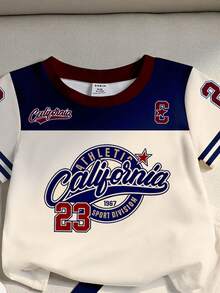 SHEIN Playful Pals 一套男婴休闲运动风圆领短袖T恤短裤套装，印有数字23和加州字母图案，适合户外、运动、上学、春夏穿着。