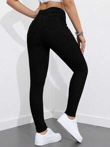SHEIN ICON 大码女式街头休闲弹力舒适深蓝色牛仔修身裤 - 黑色 - 查看 2