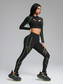 Innovista Woman Color Stitching Sports Sets Hijab Friendly Protection Ah Sports Sophisticated Two Tone Design Workout Clothes Athletic Outfits Training Breathable Active Crop Top T-Shirt With Leggings Phone Card Pocket Bottom Two Pieces Daily Yoga Cycle Biker HIIT Office To Court Brunch To Gym Two Piece Multi Function Athleisure - Black - View 6