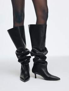 Mnmlis Damskie czarne zamszowe kozaki za kolano z noskiem w szpic, na wysokim obcasie, modne na jesień/zimę - Czarne - Zobacz 3