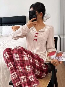 SHEIN 两件套女士睡衣套装：罗纹V领上衣和蓬松格子长裤，秋季家居服套装，睡衣，冬季居家服，舒适保暖 - 杏色 - 查看 6