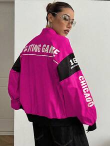 SHEIN PETITE Letter Print Contrast Color Drop Shoulder Bomber Jacket For New Year Clothes Fall Winter Cloth For Women - Hot Pink - View 2