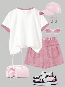 SHEIN Leap Crew 2件套复古拼接星形图案少女休闲圆领短袖T恤和短裤套装，夏季 - 彩色 - 查看 2