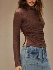 WESTFADE Western Cowgirl Lace Boatneck Ruched Split Side Semi Sheer Fitted Long Sleeve T-Shirt Spring Break - Coffee Brown - View 4