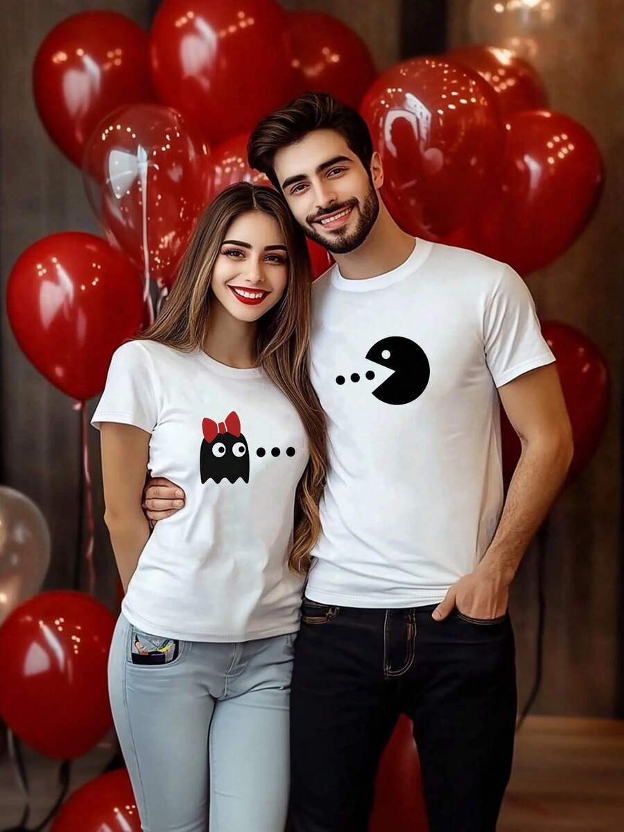 Manfinity Dauomo 情人节男士休闲可爱情侣元素印花白色宽松圆领短袖T恤，情侣款，适合户外穿着，春夏款 - 白色 - 查看 1