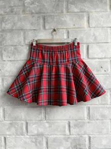 Sunspun Minimalist Plaid Lace-Up Crop Mini Skirt, Style - Red - View 2