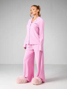 Missguided x Playboy Damen Pyjama-Set mit Kragen, Knopfleiste, Langarm und weiter Palazzo-Hose mit Kordelzug, Loungewear, Nachtwäsche