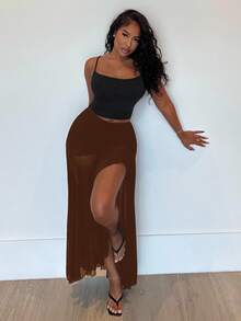 Alexandranx 女士纯色褶皱网眼侧开衩 A 字裙 - 咖啡棕 - 查看 5