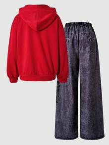 SHEIN 2 Stücke/Set Teenager Mädchen Loose Fit Kapuzen Langarm Sweatshirt mit Sternendruck und bequeme Hose mit elastischem Bund und weitem Bein mit Muster, geeignet für Streetwear - Rot - Übersicht 7