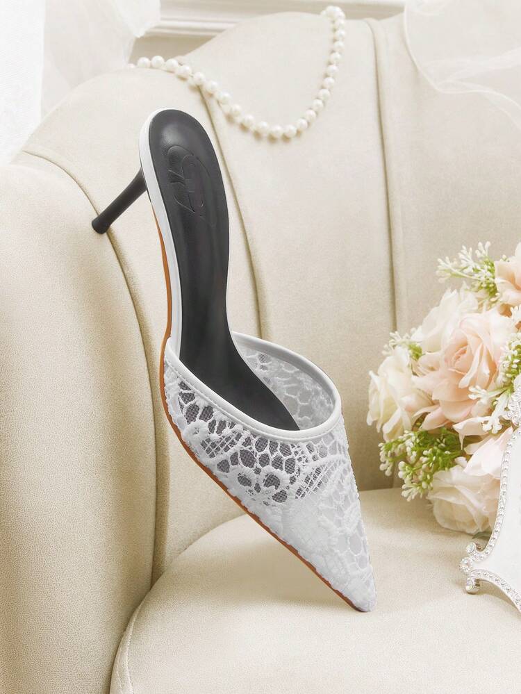 CUCCOO HITCHD Neue Stickerei Spitze Stiletto-Absätze mit spitzer Kappe für den Sommer, elegante romantische weiße Mesh Abendschuhe, Braut Hochzeitsschuhe, Damen High Heels Mules Sandalen, geeignet für Hochzeiten, Partys und formelle Anlässe