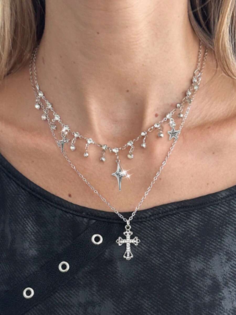 ROMWE Goth 2件套朋克复古风水钻星星吊坠项链，奢华镶钻双层星星链项链，街头风颈链 - C-銀色 - 查看 1
