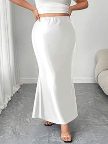 EMERY ROSE Plus Size Fitted Satin Knit Mermaid Skirt - White - View 4
