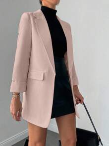 SHEIN Cottnline 女士纯色翻领长袖休闲办公西装外套 - 杏色 - 查看 5