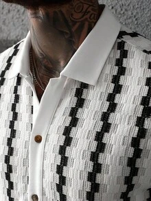 Manfinity CasualCool 休闲时尚百搭夏季男士纽扣短袖衬衫 男士黑白条纹衬衫 男士纹理衬衫 男士短袖纽扣衬衫，男士秋季户外服装，2025 秋季男士服装，新款秋季衬衫是一款百搭的秋季外出衬衫，适合通勤、休闲约会和商务等各种场合，