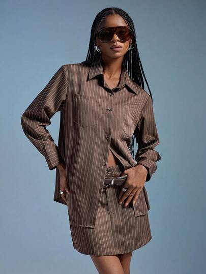 Aveloria Affinna 2pcs Women's Casual Loose Lapel Single-Breasted Long Sleeve Shirt And Skirt Set, Autumn/Winter