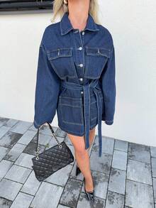 Jeta Ari Women's Dark Blue Denim Jacket Outerwear Autumn New Korean Style Fashionable Retro Versatile Waist Pocket Design Denim Jacket - Dark Wash - View 3