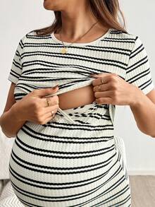 SHEIN Spring Outfit Women,Maternity Casual Striped Fitted Nursing Dress, Summer Outfits For Women , Summer Dresses,Casual Long Dresses,Summer Casual Everyday Striped Nursing Dress - Apricot - View 1