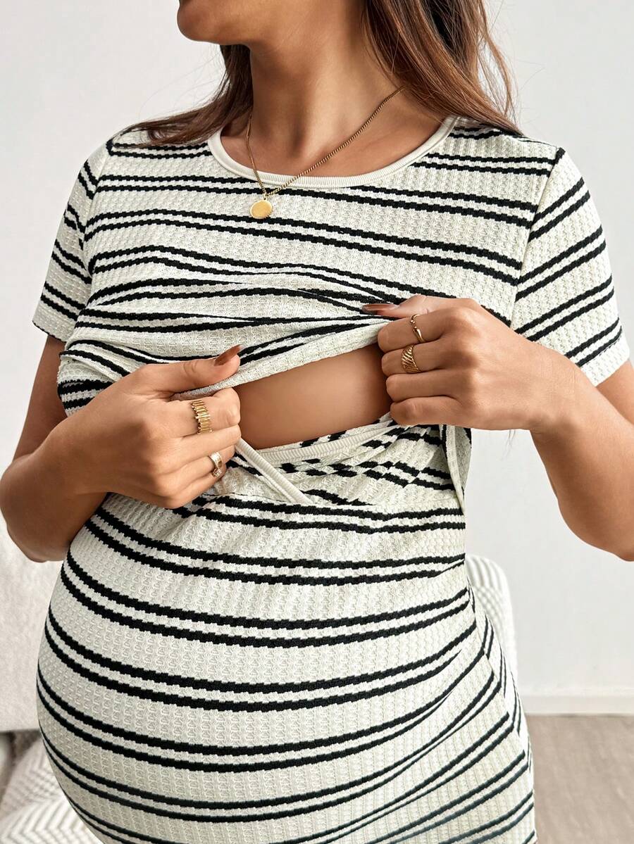 SHEIN Spring Outfit Women,Maternity Casual Striped Fitted Nursing Dress, Summer Outfits For Women , Summer Dresses,Casual Long Dresses,Summer Casual Everyday Striped Nursing Dress - Apricot - View 1