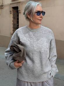 Vivie Lora Women's Loose 3D Floral Decor Sweater - Light Grey - View 1