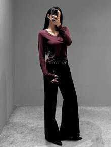 DAZY V-Neck Long Sleeve T-Shirt, Versatile Base Layer Top For Women, Autumn/Winter - Burgundy - View 6