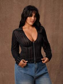 Rustia 大码女式拉链条纹衬衫，性感黑色 - 黑色 - 查看 3