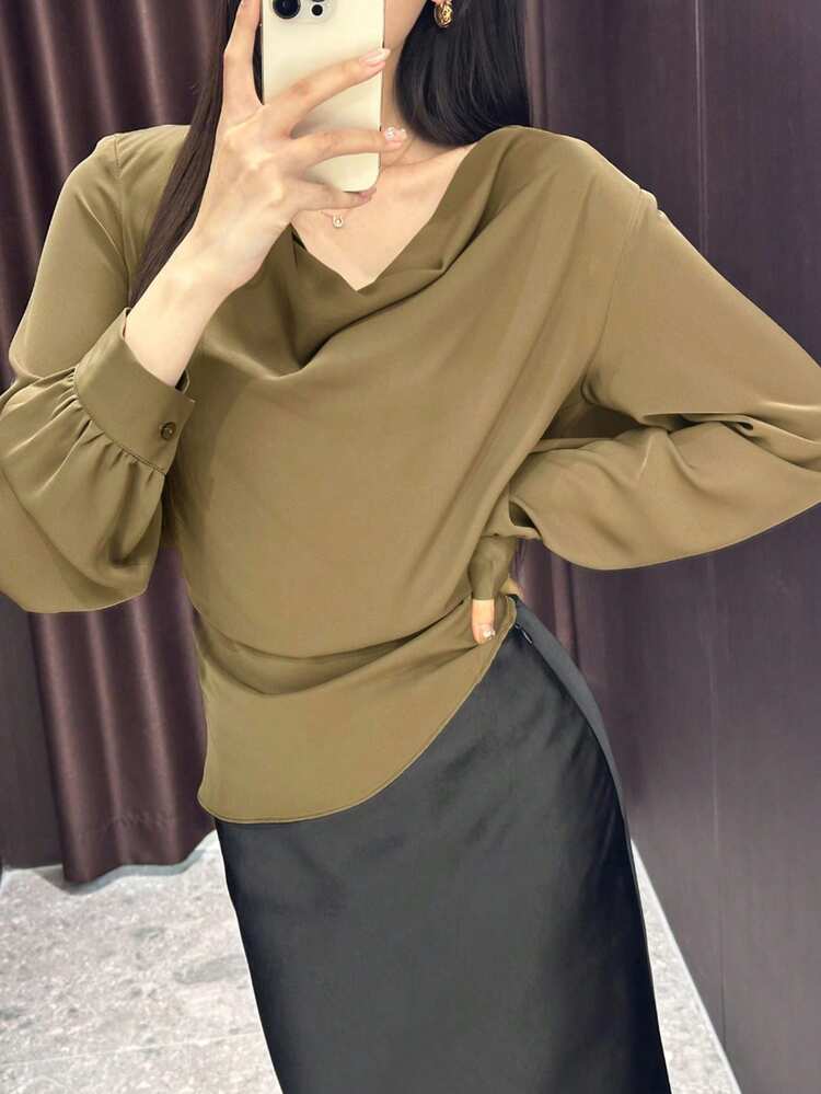 DAZY 女士独特设计深V领长袖上衣 - 棕色 - 查看 1