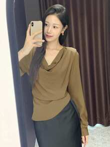 DAZY Unique Design Plunging Neck Long Sleeve Blouse For Women - Brown - View 6
