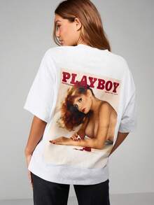 Missguided x Playboy 超大杂志封面图案印花短袖圆领纯棉T恤，背面印有标语图案 - 淺灰色 - 查看 1