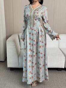 Al Najma 女士V领印花亮片装饰日常休闲阿拉伯风格连衣裙 - 彩色 - 查看 7