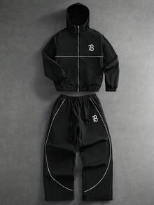PAVTROS Plus Size Men's Contrast Trim Hooded Zip-Up Jacket And Pants Casual Tracksuit Set,Men's Streetwear,Baggy,Brand,I Love My Boyfriend,Graphic,Boyfriend,Plus Size Men - Black - View 1