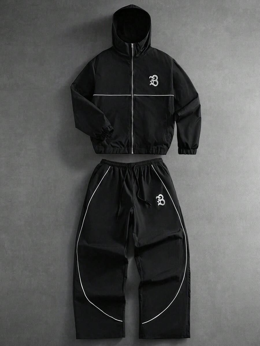 PAVTROS Plus Size Men's Contrast Trim Hooded Zip-Up Jacket And Pants Casual Tracksuit Set,Men's Streetwear,Baggy,Brand,I Love My Boyfriend,Graphic,Boyfriend,Plus Size Men - Black - View 1