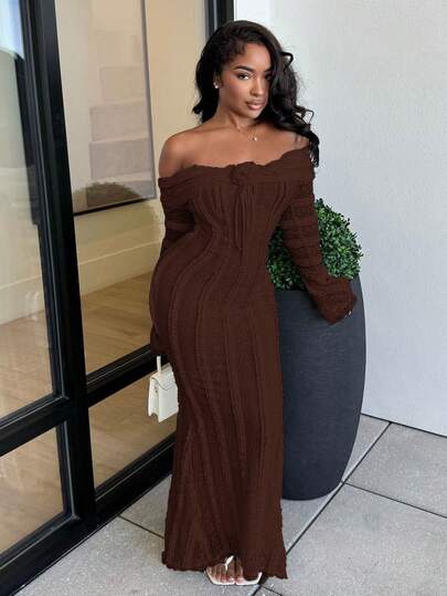 Alexandranx Theepauze-outfit, zoete en elegante maxi-jurk, off-shoulder jurk met lange mouwen, date-outfit, 3D-bloemenjurk