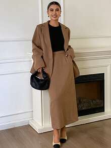 DAZY Women's Solid Color Loose Long Sleeve Blazer Jacket And Straight Skirt Elegant Office Formal Suit Set, Autumn/Winter Business Attire - Brown - View 1