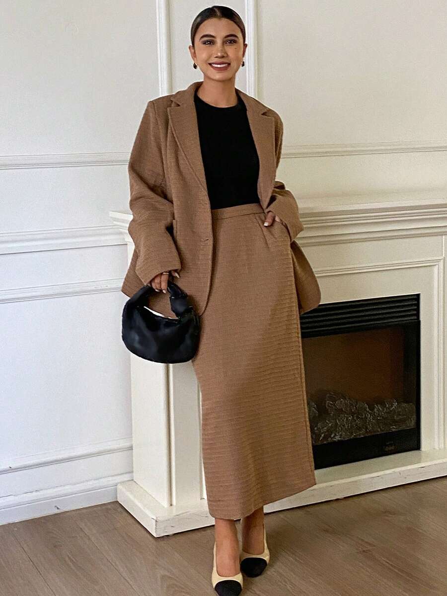 DAZY Women's Solid Color Loose Long Sleeve Blazer Jacket And Straight Skirt Elegant Office Formal Suit Set, Autumn/Winter Business Attire - Brown - View 1